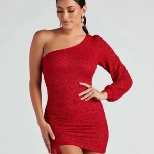 Windsor Red One-Shoulder Long Sleeve Dress